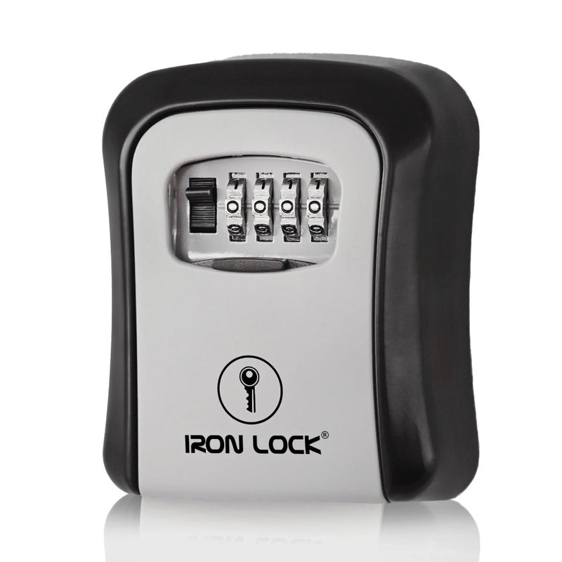 Iron Lock صندوق قفل المفاتيح Iron Lock® مثبت على الحائط - متوسط مقاوم للماء آمن معدني ثقيل مع تركيبة مكونة من 4 أرقام للوصول الخارجي، دخول المنزل، أمان المكتب، الإيجارات واستخدام Airbnb (رمادي، متوسط) - Image 1